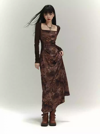Millard Fashion Brown Square Neck Gathering Details Slim-fitting Dress