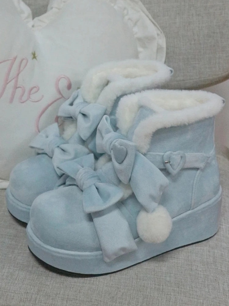 Süße Winter-Lolita mit Details Plateaufutter Herz Fleece Blau Schnalle Stiefel Bowknot