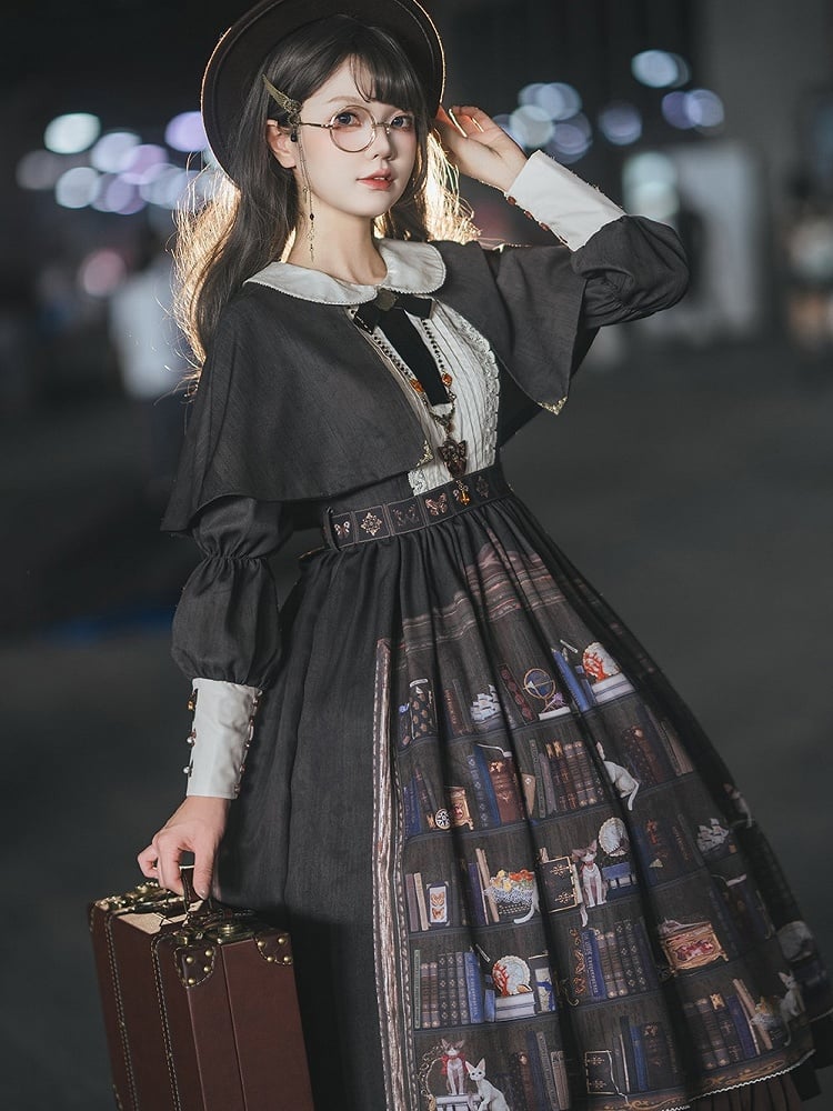 Dark Brown Bookshelf Print Long Sleeve Lolita Dress Cape - Miss Point