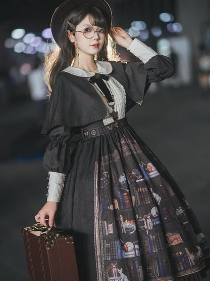 Dark Brown Bookshelf Print Long Sleeve Lolita Dress Cape - Miss Point