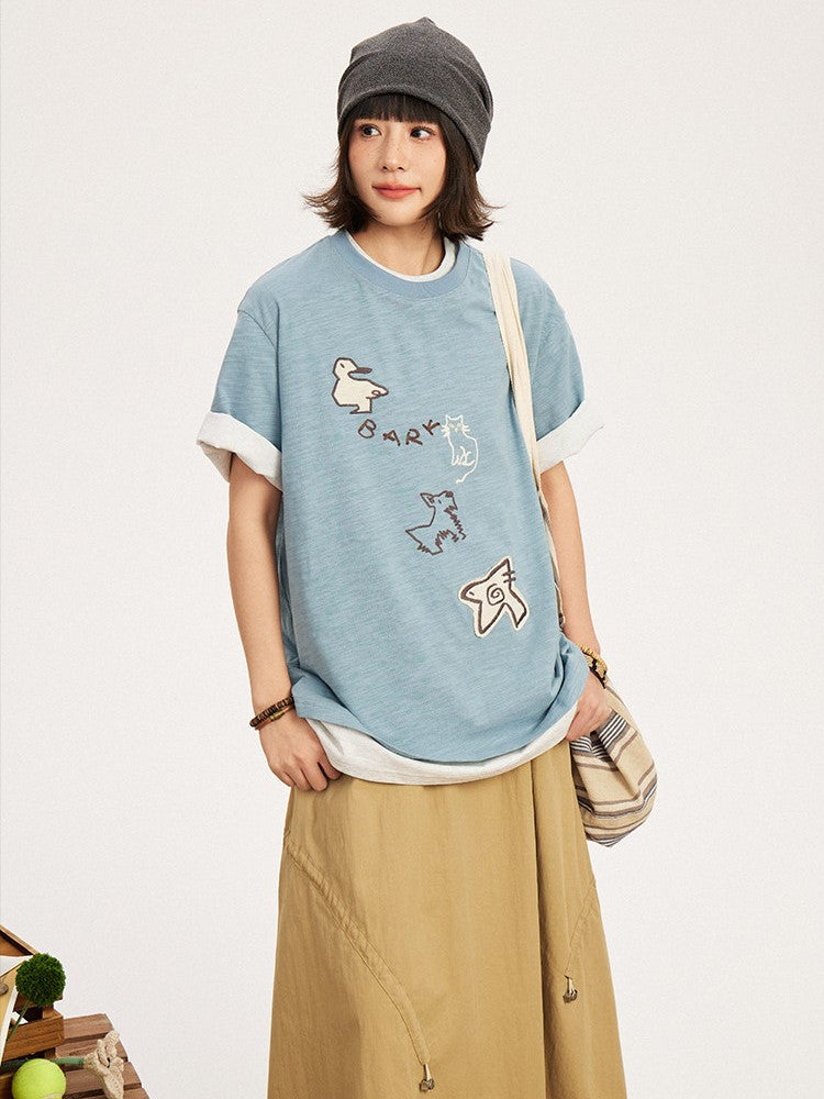 Animal Embroidery with Kawaii T-shirt Patch Decoration Blue Light