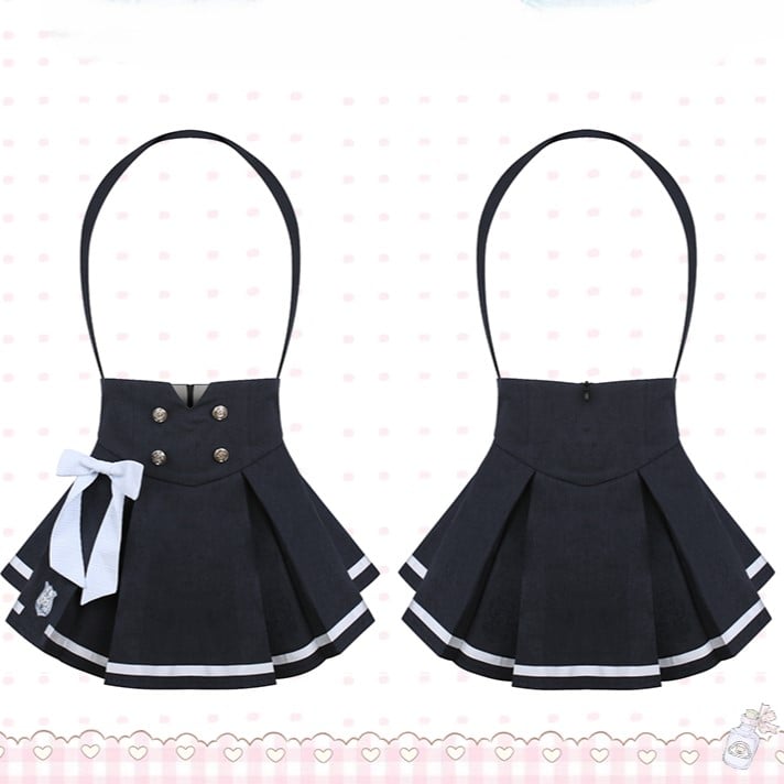 Preppy Single-Strap Pleated Skirt Blue Style Box Overall