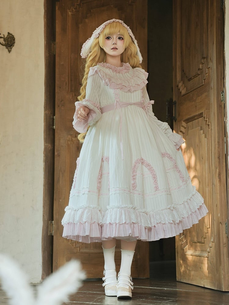 Dress and Long Ruffle White Pink with Sleeves Sweet Details Sash Lolita