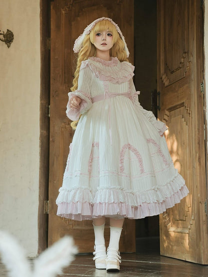 Dress and Long Ruffle White Pink with Sleeves Sweet Details Sash Lolita