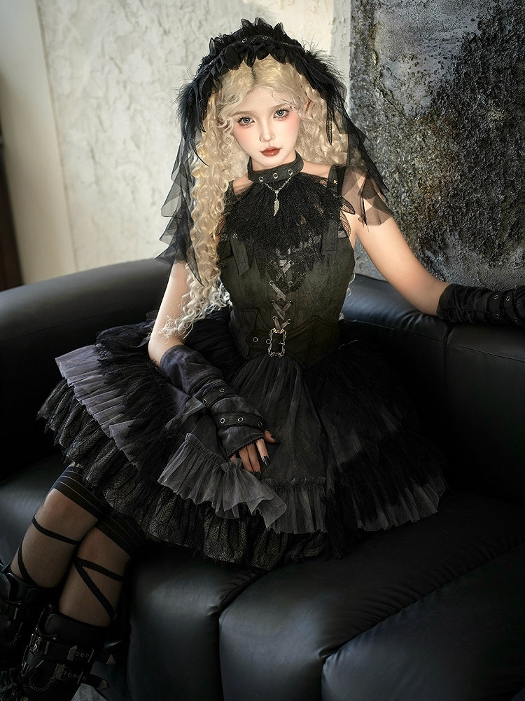 Schnalle Federkleid Panel Riemen Schulter Spitzenrock Gothic Schwarz Lolita