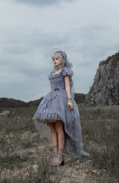 Gray Dragon Bone Embroidery High-low Skirt Dress Gothic Lolita OP with Cathedral Embroidery Overlay