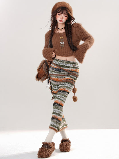 Brown Round Neck Cropped Sweater Pompom Details Striped Knit Bodycon Skirt Set