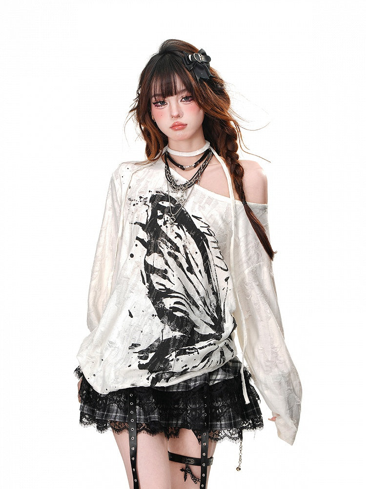 ブラック/ホワイトのアシンメトリーネックライントップス、ルーズホール、バタフライ柄、ダメージ加工プリント