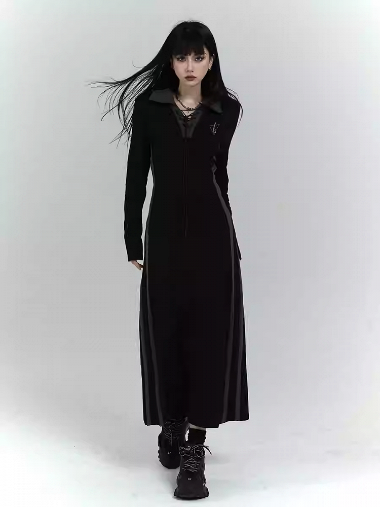 Gothic Black Dress with Lace-up Detail at Front
