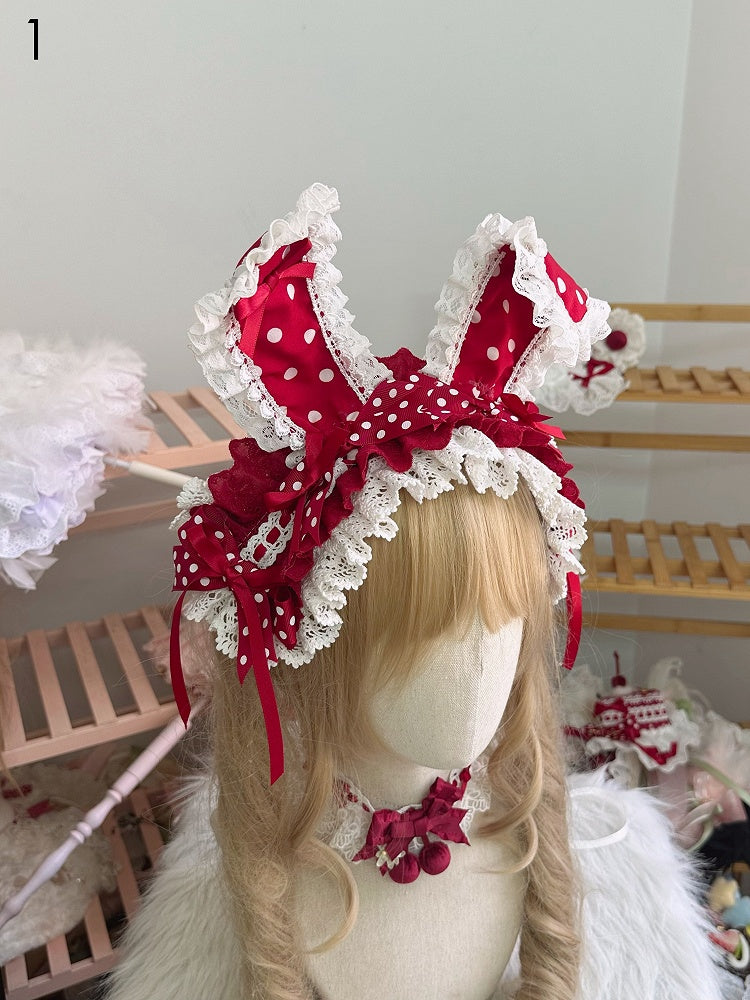 Lace Bunny Hairband Bow Trim Polka-dot Red Ear