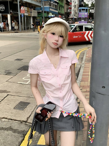 プリーツスカートスタイルのプレッピースイートピンク半袖シャツ/グレーミニ