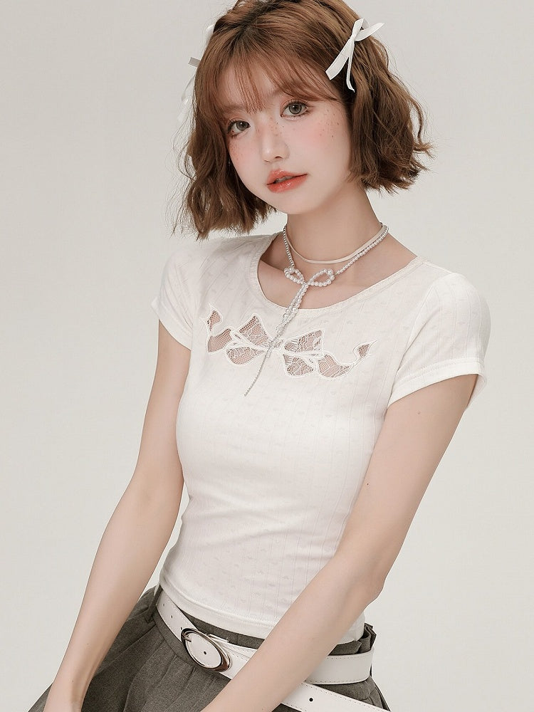 White Short Sleeve Bowknot Lace Cutout T-Shirt - Girlyhalo