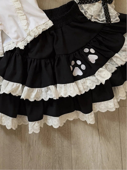 Skirt with Paw and Black Tiered Trim Lace Embroidery