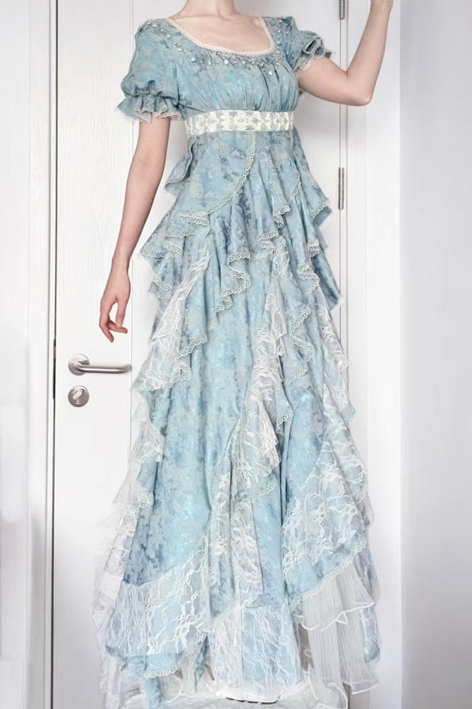 Lolita Sleeves Ruffles Empire Cascading Light Blue Waist Short Dress