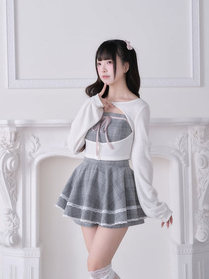 White Ryousangata Knit Cardigan - Dress + Fashion Matching Shorts Gray Plaid Set Three-Piece