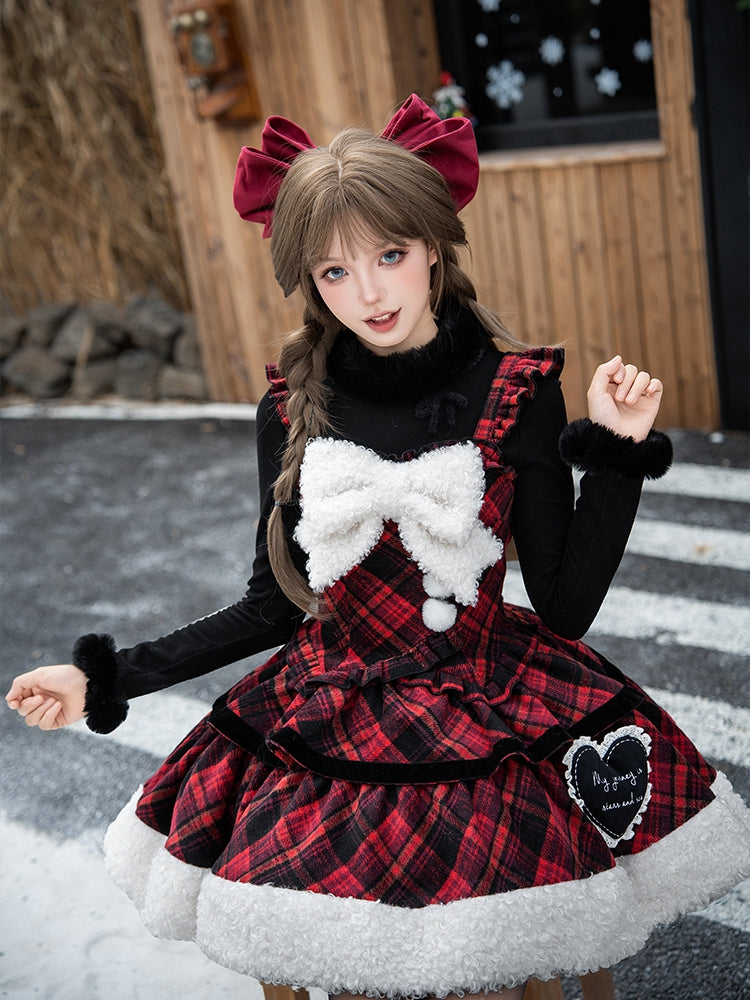 Red with and White Dress Black Winter Brooch Hemline Plaid Bow Plush Lolita Pattern