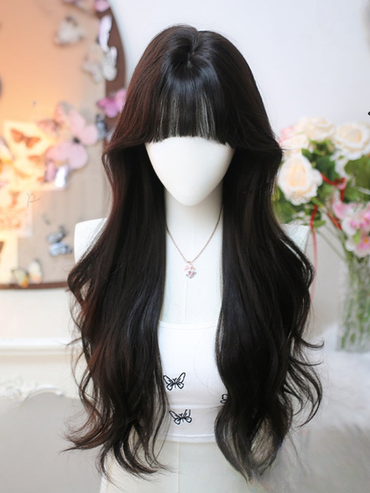 Black Tea Under Bust Length 70cm Wavy Wig with Bangs