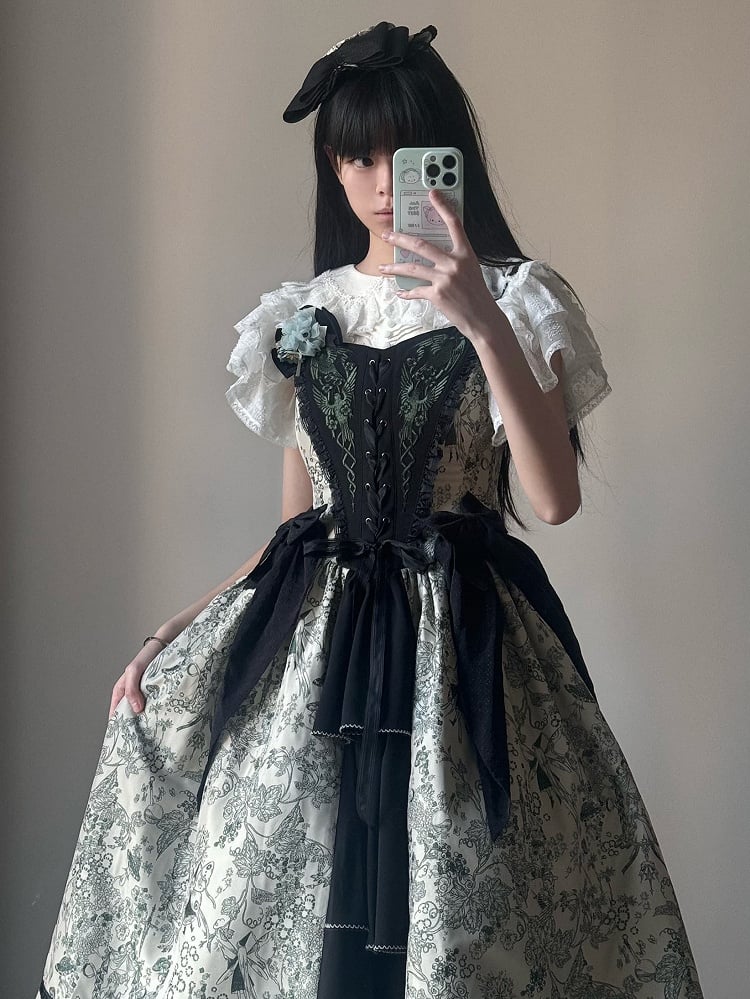 Green Forest Elegant with Print Animals Dress Lolita Bodice and Corset