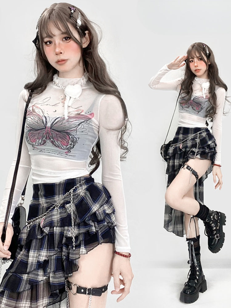 Y2K White Semi-Sheer Mock Neck Butterfly Glamorous Slim-fitting Top