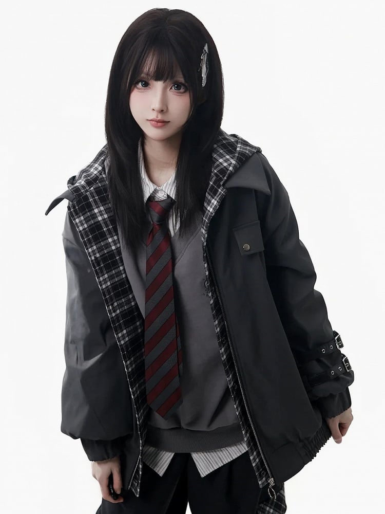 Pattern Jacket Hooded Unisex Grey Plaid - Two-piece