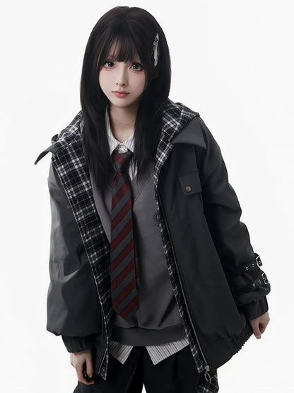 Pattern Jacket Hooded Unisex Grey Plaid - Two-piece