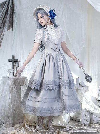 Shirt Sleeves High Pin Neck Jabot and Bow White with Detachable Short