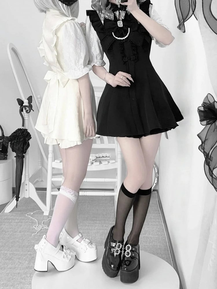 ネクタイ + ヘアクリップ Y2K 袖ドレス + ショートパンツ + 蝶ネクタイ セット - チャイナ ドレス襟ショート ホワイト ジライ