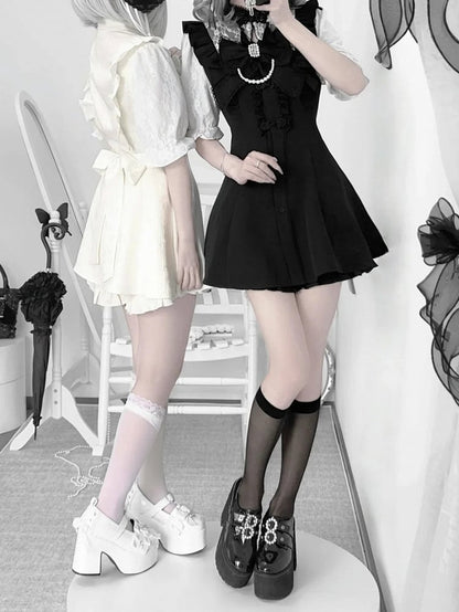 ネクタイ + ヘアクリップ Y2K 袖ドレス + ショートパンツ + 蝶ネクタイ セット - チャイナ ドレス襟ショート ホワイト ジライ