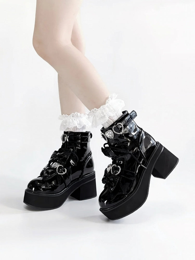 Platform Ankle Boots Buckles Jirai Kei Polished and Black Rhinestons Sweetheart with