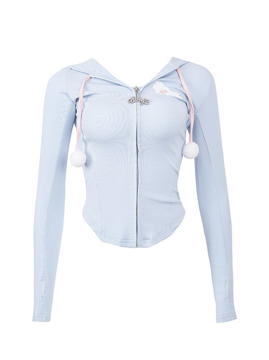 Blue Zip-Up Fitted Hoodie with Furry Pom-Pom Accents