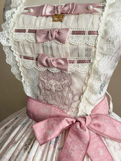 Sweet Lolita JSK Dress Set in Pink with Kawaii Bear Print and Self-Tie Belt - Treasure House