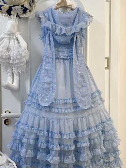 Ear Bunny Floral Ruffled with Blue Hood Lolita Pattern Overdress
