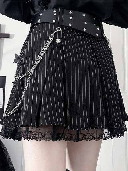 Motif Metal Pinstripe Gothic Black Lace Skirtwith HemSide Studded PUBelt Chains+Black Cross