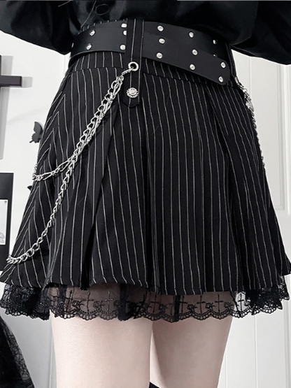 Pinstripe Black Gothic HemSide Lined Skirtwith Metal Chains Cross Lace Motif