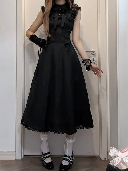 Version Waist Sleeveswith Long Ballet Dress:Flutter Black Lace-Up Style PureInnocent