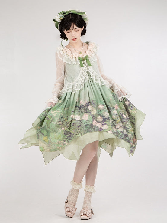 Dotted Sheer Trimming Long Tulle Flounce Sleeves White Top