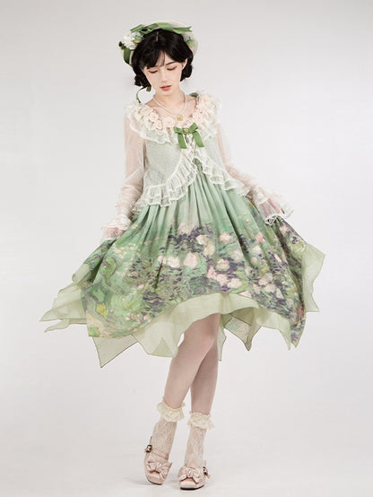 Dotted Sheer Trimming Long Tulle Flounce Sleeves White Top