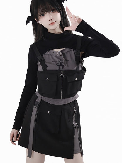 Buckle Strap Neckline Lace-up Side Gray Techwear Tank Top