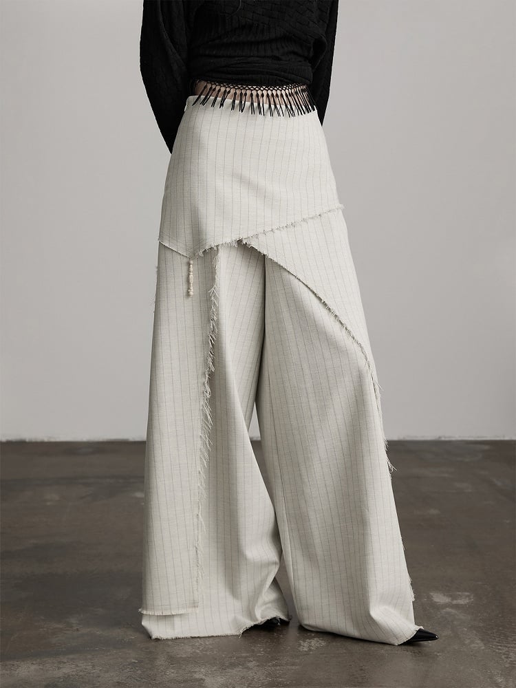 Asymmetrical Goth Frayed Apricot Pants Urban Wide-Leg Cut Striped