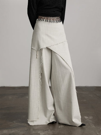 Asymmetrical Goth Frayed Apricot Pants Urban Wide-Leg Cut Striped
