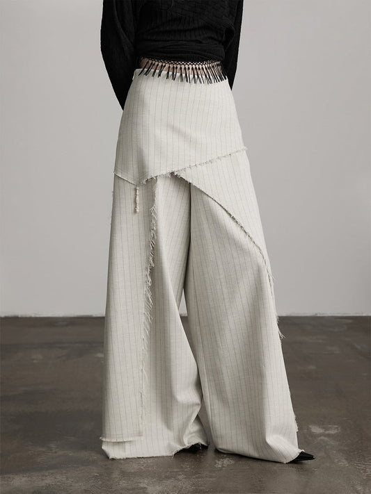 Asymmetrical Goth Frayed Apricot Pants Urban Wide-Leg Cut Striped