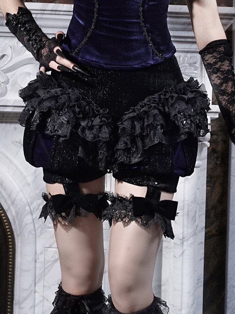 Lace Shorts with Black and Bloomer Garters Goth Ruffles Detachable Purple Low-Waist