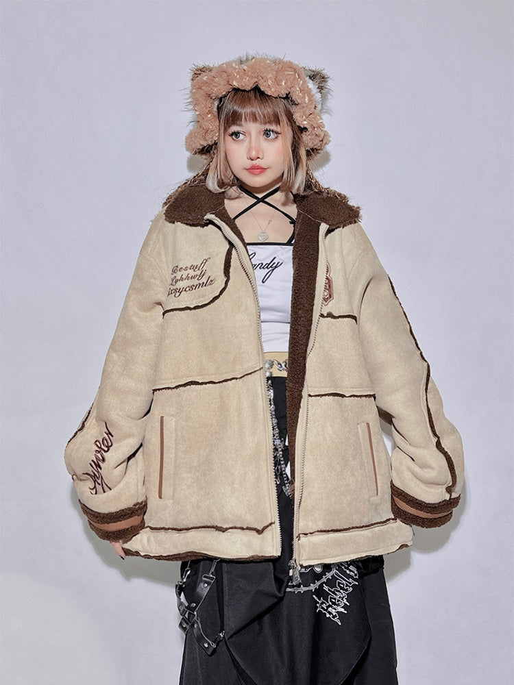 Khaki Letter Contrast Trim Oversized Jacket