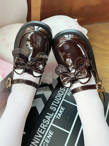 Brown Bear Detachable Buckle Bow Teddy Shoes with - Style Polished PU School Mid-heel