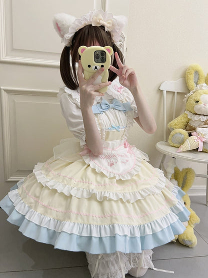 Yellow JSK Ruffle Bow Apron Maid Lolita + Dress Adorable Heart