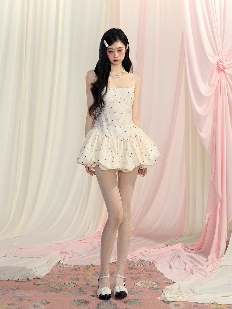 Bow Bubble Polka-Dot Pattern Cami Dress Mini Back Apricot Self-tie Skirt