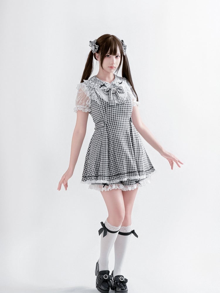 Black & White Plaid Bow Lace Dress with Shorts - Ostslheep