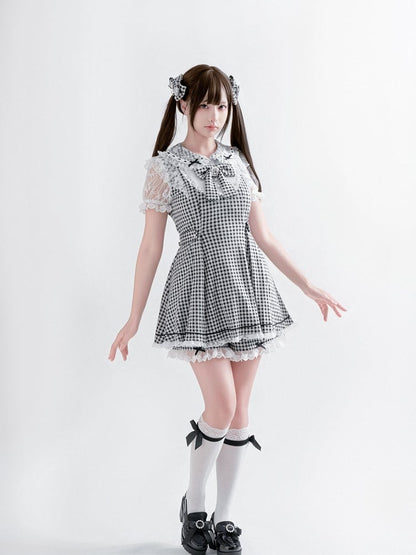 Black & White Plaid Bow Lace Dress with Shorts - Ostslheep