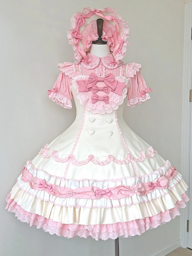 / ブラウス リボン 小さなピンク ショート デコレーション 袖 ホワイト