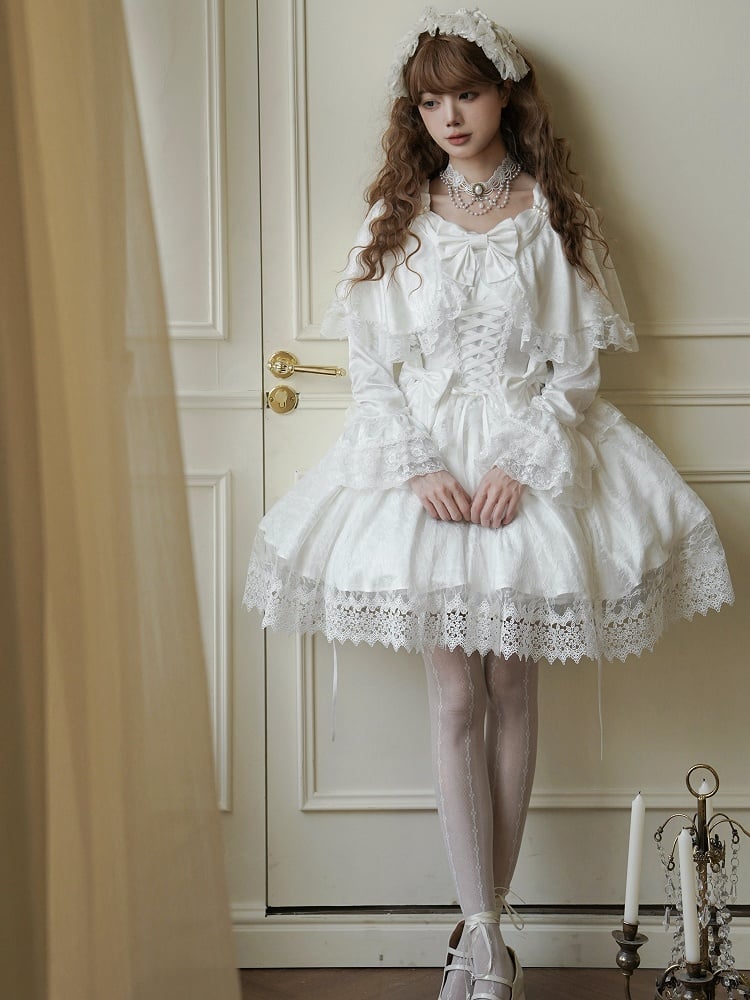 Weißes Cape-Design Shiro-Kleid Rosettenstoff Hanayome Lolita Einteiler